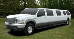 Chauffeur stretch white Ford Excursion 4x4 limousine hire in UK