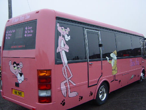 Chauffeur driven Pink Panther Party Bus limousine hire in Birmingham, Coventry, Dudley, Wolverhampton, Telford, Worcester, Walsall, Stafford, Midlands
