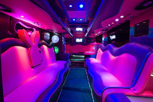 Chauffeur driven Party Bus limo hire interior in Bristol, Gloucester, Cheltenham, Cardiff, Wales, Weston Super Mare, and Bath.