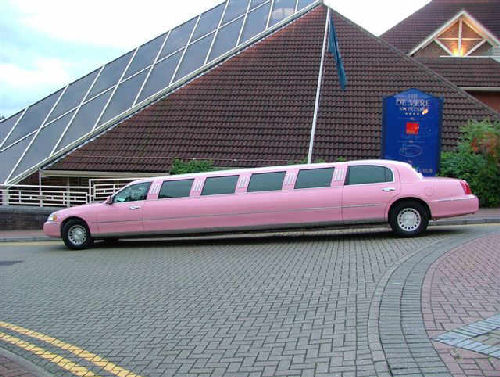 Chauffeur stretched pink Lincoln limousine hire in Bristol, Gloucester, Cheltenham, Cardiff, Wales, Weston Super Mare, and Bath.