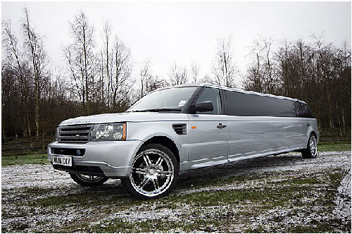 Chauffeur stretch silver Range Rover Sport limo hire in Glasgow, Edinburgh, Scotland